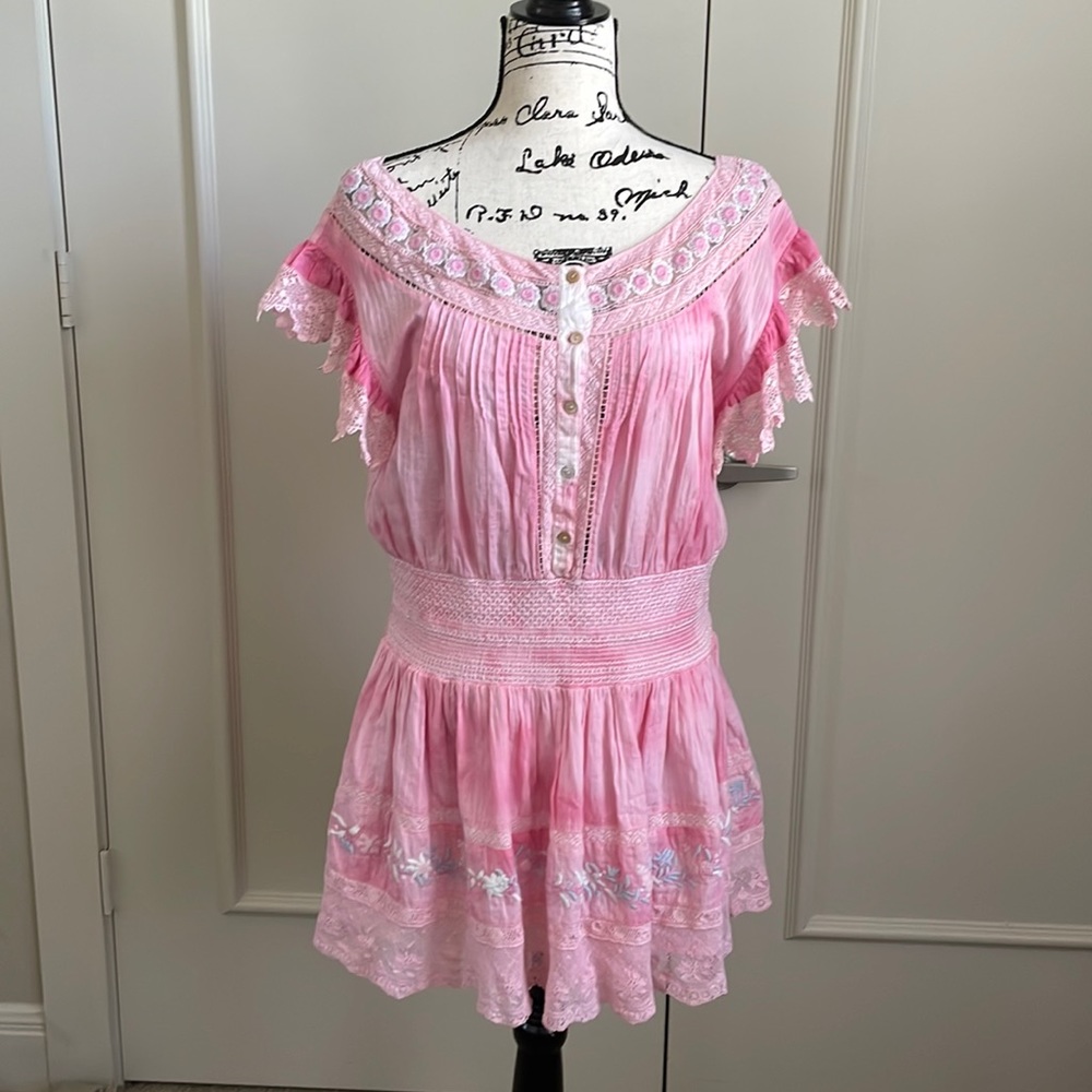 LoveShackFancy pink Fontana frilled lace mini dress